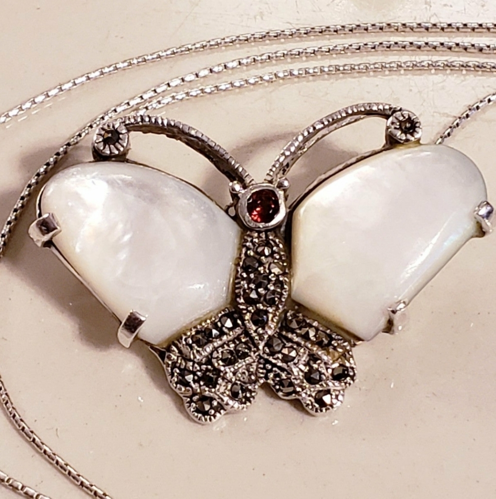 Vintage Sterling Silver Butterfly Pearl Pendant